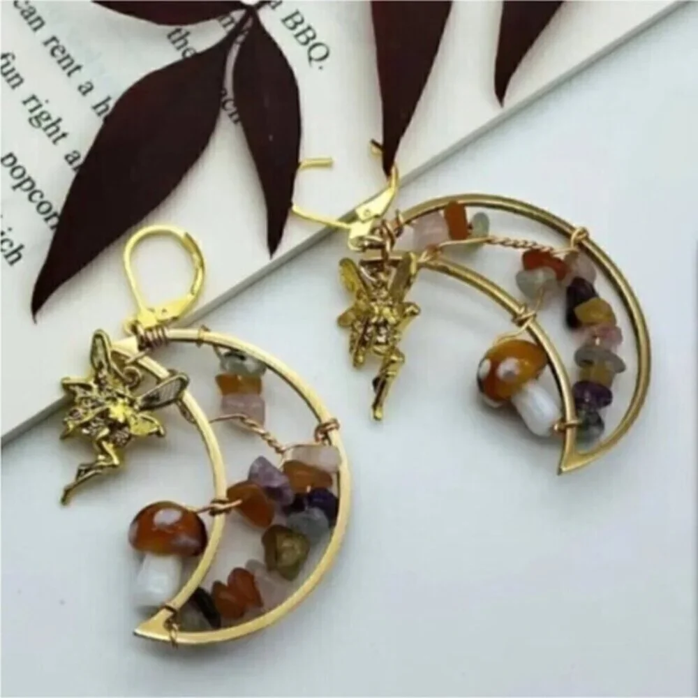 Crescent Moon Gold Mushroom Colorful Stone Fairycore Earrings - Picture 2 of 6